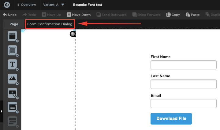Annotated image of arrow pointing to Form Confirmation Dialog tab.
