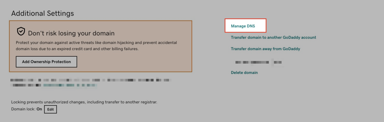 Annotated image of 'Manage DNS' button highlighted in a red box on the right-hand side of GoDaddy.