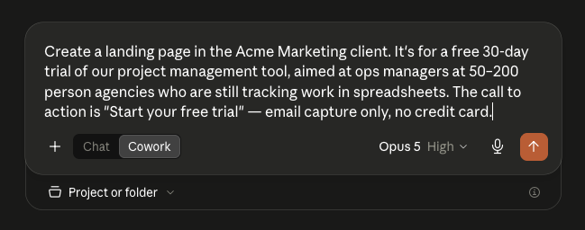 A plain-language prompt describing the landing page to build, typed into the AI assistant.
