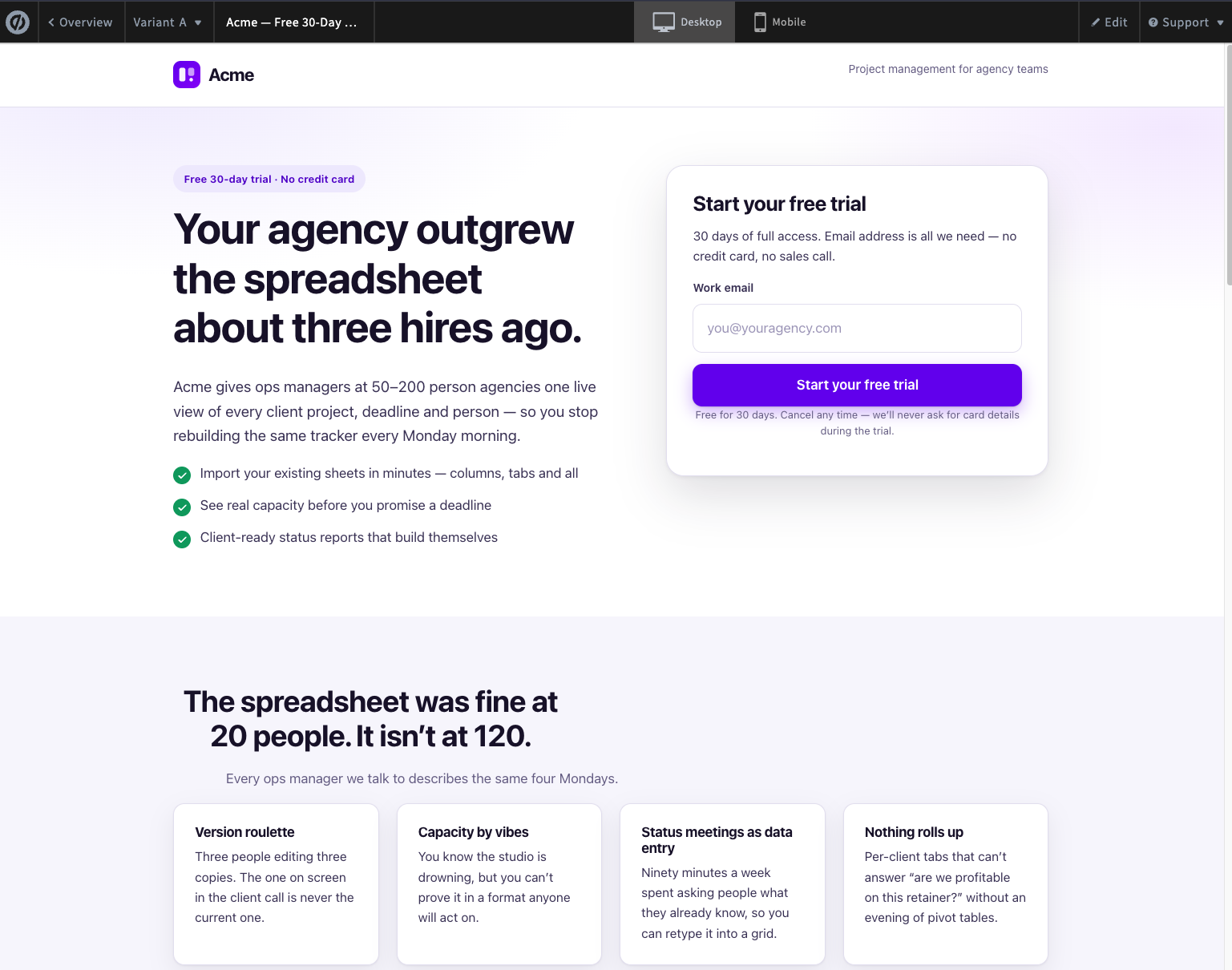 The finished landing page the assistant generated, shown in the Unbounce page overview.